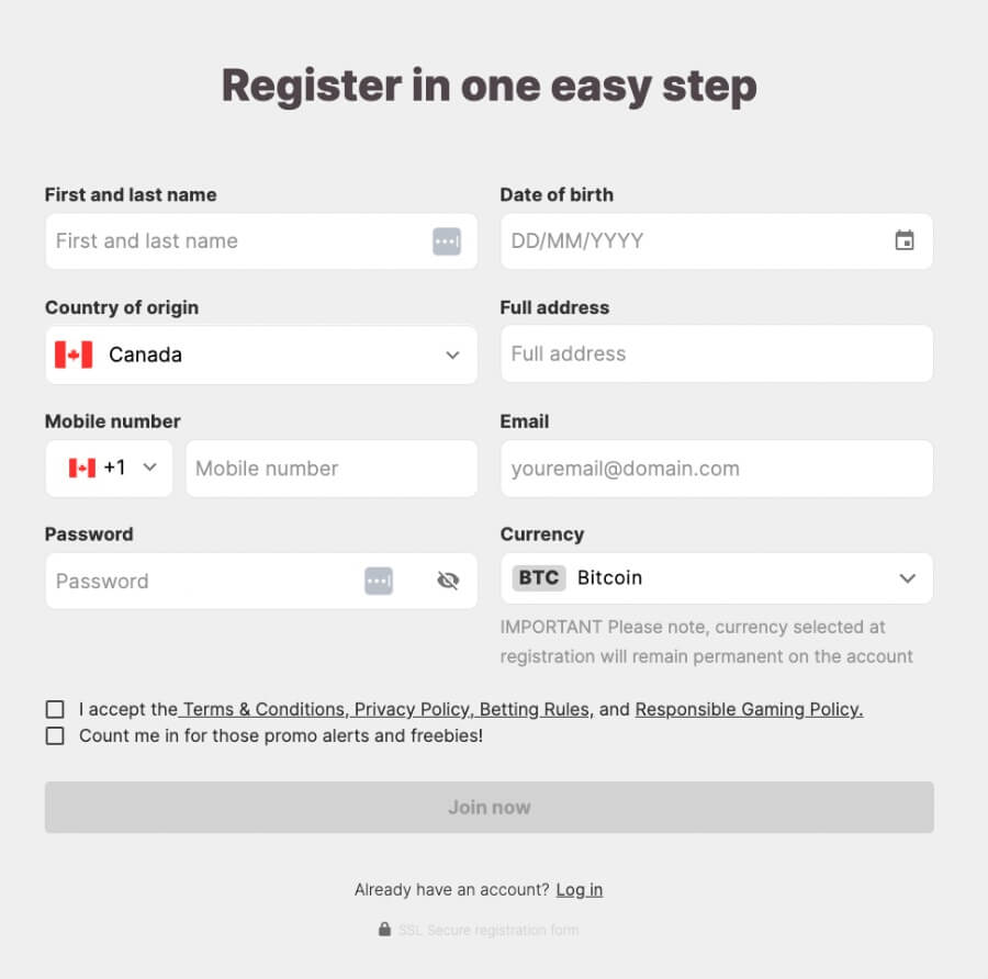 After clicking the <strong>Green Button ‘Join Now’</strong> located in the top-right menu, a registration window will appear prompting you to fill in the required details as illustrated on the left.