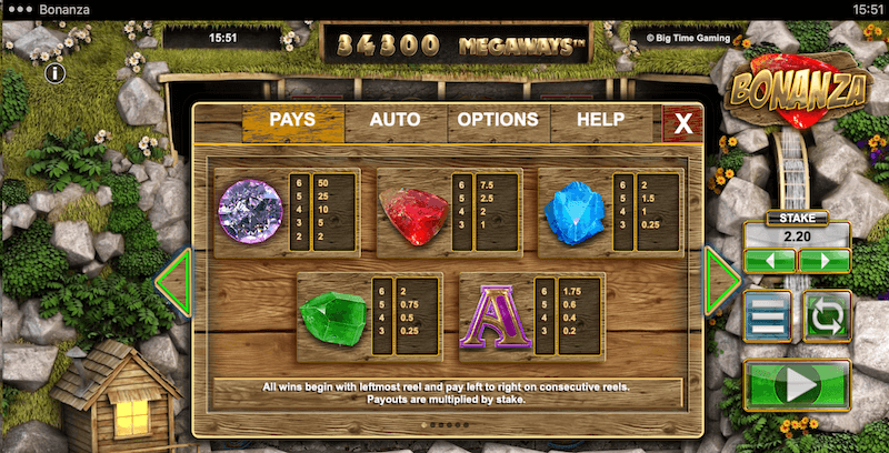 Bonanza - Paytable for high paying symbols.