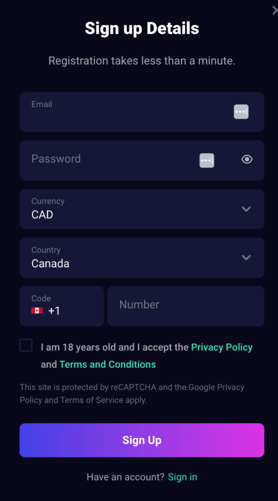 Lucky7even account registration for Canadian players.