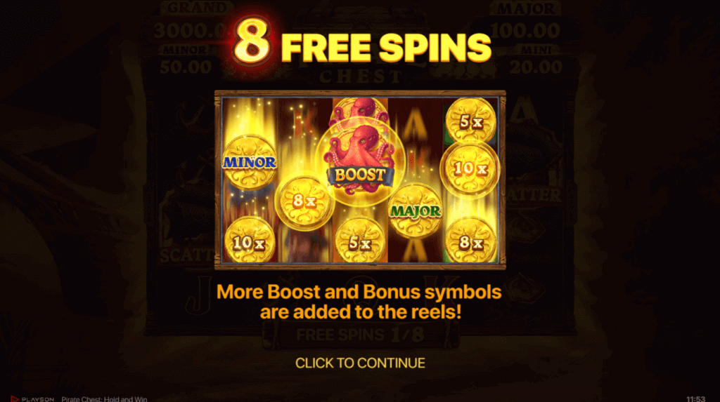 Pirate Chest Hold and Win grants you eight free spins