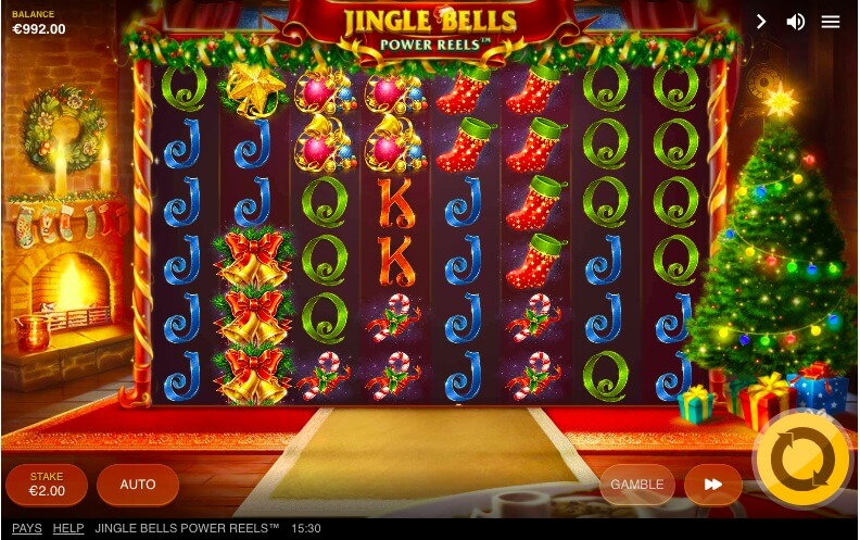 The slot features remarkable visuals along with ample animations. The setting is depicted realistically, adorned with bright colors and holiday decorations, complete with twinkling lights. There's even a cozy fireplace to add to the warm atmosphere, with the reels displayed on a screen in the backdrop. Spin Jingle Bells Power Reels