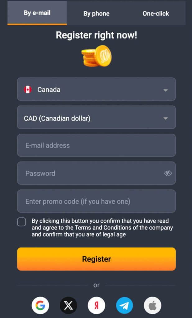 Begin by entering your details: your country, currency, email address, and a secure password. Alternatively, you can sign up using your mobile number or social media profiles.