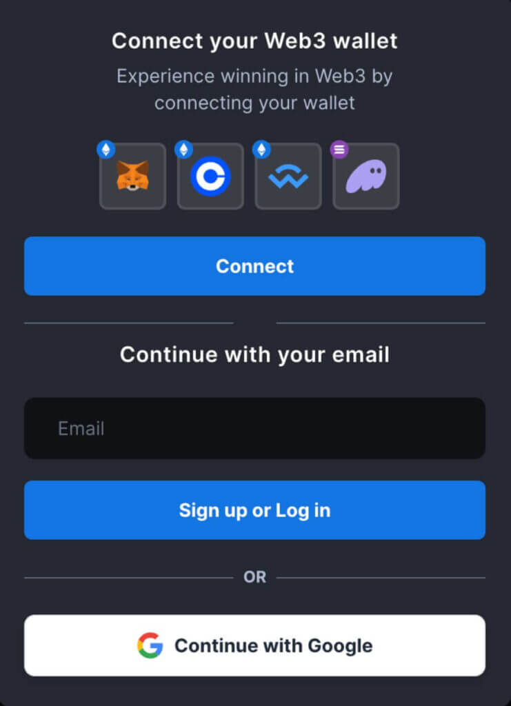 <strong>Select your preferred wallet for connection.</strong> MetaWin supports wallets like MetaMask, Coinbase, and Phantom, and also provides WalletConnect for other Ethereum wallets.