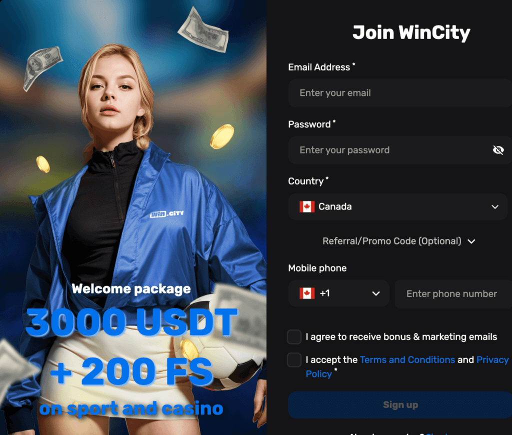 register on win.city casino - online gaming platform in Canada