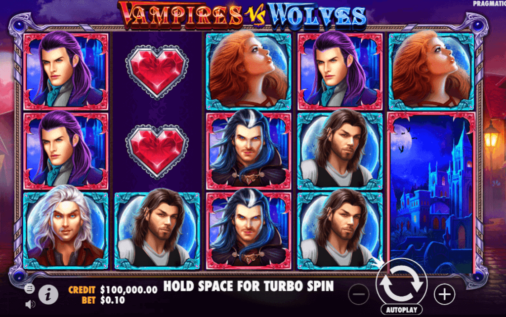 The game employs 2D graphics and is accessible on mobile devices. The backdrop is a village illuminated by a full moon, but during free spins, the scenery shifts to an enchanted forest.