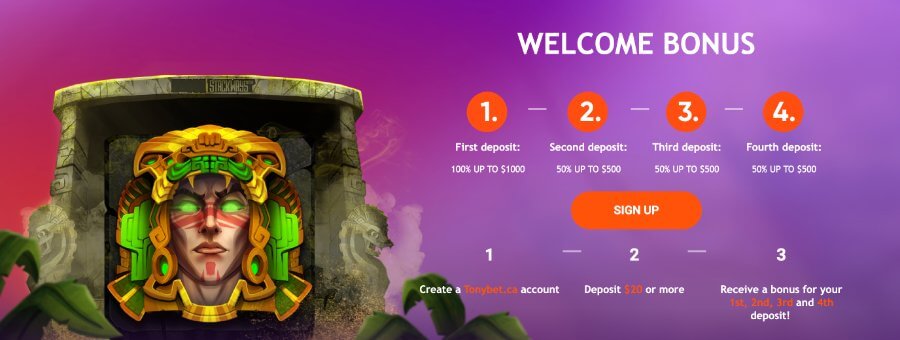 After signing up at TonyBet, make sure to opt-in to activate your <strong>welcome package</strong> , featuring a fantastic <strong>100% bonus up to $2,500</strong> in addition to <strong>150 Free Spins</strong> structured like this: